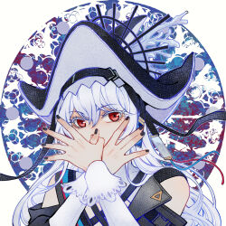 Rule 34 | 1girl, arknights, black dress, black headwear, black nails, commentary request, covered mouth, dress, grey hair, hair between eyes, hands up, interlocked fingers, long hair, long sleeves, looking at viewer, nail polish, red eyes, round image, solo, specter (arknights), specter the unchained (arknights), tingke, upper body