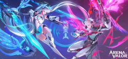 Rule 34 | 1boy, 1girl, absurdres, airi (arena of valor), aqua eyes, arena of valor, arm armor, armor, bare shoulders, blue eyes, breasts, chest armor, cleavage, cleavage cutout, clothing cutout, detached sleeves, dual wielding, facing another, fighting stance, floating, floating object, floating weapon, gloves, glowing, glowing headgear, glowing weapon, gluteal fold, gun, headgear, highres, holding, holding gun, holding weapon, huge weapon, hyulla, laville (arena of valor), leg armor, long hair, long sleeves, medium breasts, multicolored clothes, multicolored gloves, open mouth, see-through, shoulder armor, thighhighs, thighs, twintails, weapon