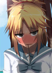 Rule 34 | 1girl, ashino moto, blonde hair, blush, fate/apocrypha, fate/grand order, fate (series), food, food in mouth, mordred (fate), mordred (fate/apocrypha), mordred (swimsuit rider) (second ascension) (fate), pocky, ponytail, school uniform, scrunchie, serafuku, shade, solo, sweat, tan, upper body