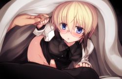 Rule 34 | 1girl, :o, animal ears, blanket, blonde hair, blue eyes, blush, bottomless, breasts, covered erect nipples, glasses, lab coat, looking at viewer, military, military uniform, no panties, null (nyanpyoun), open mouth, rimless eyewear, short hair, small breasts, solo focus, strike witches, strike witches: suomus misfits squadron, tail, under covers, uniform, ursula hartmann, world witches series