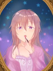 Rule 34 | 1girl, artist name, artist request, bare shoulders, black ribbon, blush, breasts, brown hair, camisole, cleavage, close-up, collarbone, cosmetics, female focus, frilled shirt, frills, hair between eyes, hair ornament, hairclip, highres, holding, holding lipstick tube, jacket, konoe kanata, lipstick, lipstick tube, long hair, long sleeves, looking at viewer, love live!, love live! nijigasaki high school idol club, love live! school idol festival, makeup, medium breasts, mirror, parted lips, pink jacket, pink sweater, purple eyes, ribbon, ribbon trim, shirt, smile, solo, star (symbol), star print, sweater, upper body, white camisole, white shirt