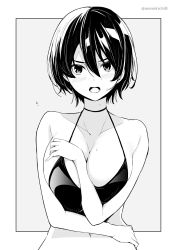 Rule 34 | 1girl, bikini, blush, breasts, collarbone, grey background, greyscale, hair between eyes, highres, kichihachi, large breasts, looking at viewer, monochrome, navel, open mouth, original, short hair, simple background, solo, swimsuit, twitter username, two-tone background, white background