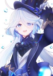 Rule 34 | 1girl, absurdres, ahoge, blue eyes, blue gemstone, blue hair, blue hat, blue jacket, commentary request, drop-shaped pupils, furina (genshin impact), gem, genshin impact, hair between eyes, hat, highres, jacket, light blue hair, long hair, long sleeves, mismatched pupils, multicolored hair, nekoratte, open mouth, simple background, solo, symbol-shaped pupils, top hat, two-tone hair, upper body, water drop, white background