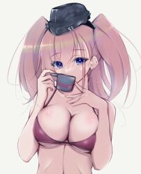 Rule 34 | 1girl, atlanta (kancolle), bikini, bikini top only, black hat, blue eyes, breasts, brown hair, cleavage, covering own mouth, cup, garrison cap, hat, honma (honmatomohiro), kantai collection, large breasts, long hair, purple bikini, simple background, solo, swimsuit, two side up, upper body, white background