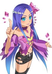 Rule 34 | 1girl, bare shoulders, belt, black thighhighs, blue eyes, blue hair, blush, bug, butterfly, choker, closed mouth, cowboy shot, dark-skinned female, dark skin, detached sleeves, female focus, gradient hair, hair ornament, insect, kugata1, long hair, looking at viewer, matching hair/eyes, merli (vocaloid), multicolored hair, navel, petite, short shorts, shorts, simple background, smile, solo, thighhighs, very long hair, vocaloid, white background, yamaha