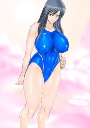 Rule 34 | 1girl, artist request, black hair, breasts, highres, kiseijuu, large breasts, long hair, one-piece swimsuit, swimsuit, tagme
