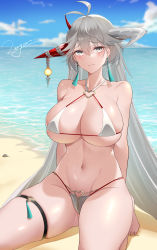Rule 34 | 1girl, absurdres, antenna hair, armor, artist name, asymmetrical horns, azur lane, bare arms, barefoot, beach, bikini, blue sky, blurry, blush, breasts, cleavage, cloud, cloudy sky, colalrbone, curled horns, dated, day, depth of field, earrings, embarrassed, eyelashes, furrowed brow, grey eyes, grey hair, groin, hair between eyes, hair flaps, hakuryuu (azur lane), halterneck, heart, highres, horizon, horn ornament, horns, jewelry, kneeling, large breasts, larger bmx, long hair, looking at viewer, looking to the side, micro bikini, mismatched horns, multiple horns, navel, o-ring, o-ring bikini, on ground, on one knee, orb, outdoors, outstretched leg, red horns, rock, shiny skin, skindentation, sky, solo, string bikini, swimsuit, tassel, tassel earrings, thigh strap, thong bikini, toned, underboob, very long hair, white bikini, white horns, zipper