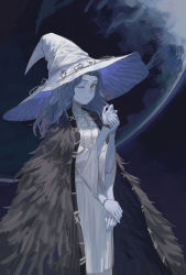 Rule 34 | 1girl, absurdres, blue background, blue eyes, blue hair, blue skin, blue theme, bracelet, cloak, colored skin, dress, elden ring, extra arms, feet out of frame, from side, fur cloak, hands up, hat, highres, jewelry, long hair, max-k, moon, night, one eye closed, own hands together, ranni the witch, solo, standing, wavy hair, white dress, witch hat