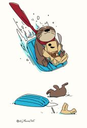 Rule 34 | &gt; &lt;, animal, asaya minoru, closed mouth, closed eyes, guilty gear, no humans, otter, red scarf, riding, scalpel, scarf, sitting, sled, smile, snow, stuck, stuffed toy, twitter username, upside-down