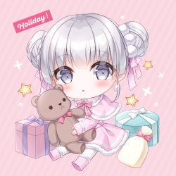 Rule 34 | 1girl, :o, blush, boots, bow, box, capelet, chibi, commentary request, diagonal stripes, double bun, earrings, full body, fur-trimmed boots, fur-trimmed capelet, fur-trimmed skirt, fur trim, gift, gift box, grey eyes, hair bow, hair bun, holding, holding stuffed toy, jewelry, kohinata hoshimi, long sleeves, looking at viewer, original, pantyhose, parted lips, pink background, pink bow, pink capelet, pink footwear, pink skirt, silver hair, sitting, skirt, sleeves past wrists, solo, star (symbol), striped, striped background, stuffed animal, stuffed toy, teddy bear, white pantyhose