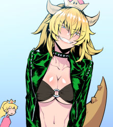 Rule 34 | 1girl, alternate costume, bad id, bad pixiv id, bikini, black collar, blonde hair, blue background, blush, bowsette, breasts, cleavage, collar, collarbone, commentary request, crown, gender request, genderswap, green jacket, hair between eyes, horns, jacket, large breasts, mario (series), midriff, navel, new super mario bros. u deluxe, nintendo, o-ring, o-ring bikini, o-ring top, open clothes, open jacket, pointy ears, princess peach, sharp teeth, smile, solo focus, spiked collar, spiked tail, spikes, super crown, swimsuit, tail, teeth, tkhs, transformation