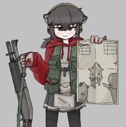 1girl :3 black_eyes black_hair black_pantyhose boar cowboy_shot ear_protection green_vest grey_background grey_skirt gun gun_sling hair_between_eyes headphones holding holding_gun holding_paper holding_weapon hood hoodie jitome long_sleeves meme original pantyhose paper pleated_skirt ponytail qoni321 red_hoodie shotgun silhouette_target simple_background skirt standing target_practice two_soyjaks_pointing_(meme) vest weapon