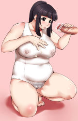 Rule 34 | 1boy, 1girl, bad id, bad pixiv id, black hair, breasts, censored, covered erect nipples, cum, fat, female pubic hair, ganto, itou yukino, kneeling, large breasts, nipples, one-piece swimsuit, penis, plump, ponytail, pubic hair, pussy, real drive, school swimsuit, see-through, simple background, solo focus, squatting, swimsuit, white one-piece swimsuit, white school swimsuit