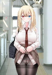 Rule 34 | 1girl, bag, black pantyhose, blonde hair, blue eyes, blush, breasts, clothes lift, heterochromia, highres, large breasts, lifting own clothes, looking at viewer, necktie, oouso, original, panties, panties under pantyhose, pantyhose, pink pantyhose, pleated skirt, red eyes, school bag, school uniform, skirt, skirt lift, solo, twintails, underwear