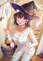 Rule 34 | 1girl, :d, basket, black hair, black hat, blue eyes, blush, breasts, candy, cleavage, collarbone, commentary request, english text, engrish text, flying sweatdrops, food, green nails, hair between eyes, halloween, hat, highres, indoors, jack-o&#039;-lantern, large breasts, lollipop, looking at viewer, multicolored nails, mummy costume, nail polish, open mouth, original, pennant, purple nails, ranguage, shiro kuma shake, silk, smile, solo, spider web, string of flags, swirl lollipop, translation request, witch hat