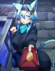 Rule 34 | 1girl, absurdres, ahoge, animal ears, aqua hair, aqua scarf, bag, black sweater, blue bag, blue eyes, blue hair, blue scarf, blush, breasts, bridge, cat ears, cat girl, cat tail, commentary request, facial mark, gift, hair between eyes, hair intakes, hair ornament, hair tubes, hairband, highres, holding, holding gift, incoming gift, large breasts, long sleeves, looking at viewer, omurice (green solenoid), open mouth, outdoors, red hairband, risakiriki, sakiko yarimura (risakiriki), scarf, short hair, short hair with long locks, shoulder bag, sidelocks, sinon, sinon (sao-alo), solo, steam from mouth, sweater, sword art online, tail, valentine