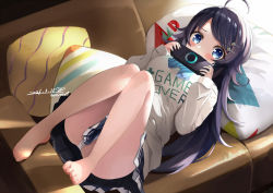 Rule 34 | 1girl, ahoge, bare legs, barefoot, blue bow, blue bowtie, blue eyes, blush, bow, bowtie, couch, dated, feet, female focus, full body, game over, hair ornament, hairclip, handheld game console, inohara koboshi, long hair, looking at viewer, lying, on couch, ongeki, panties, pillow, print shirt, purple hair, shirt, shy, signature, skirt, solo, striped bow, striped bowtie, striped clothes, tareme, toe scrunch, toes, umino hotate, underwear, upskirt, white panties