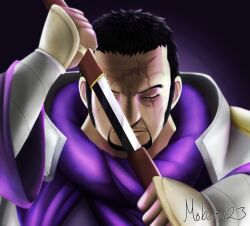 Rule 34 | 1boy, artist name, black hair, closed eyes, closed mouth, facial hair, goatee, holding, holding sheath, holding sword, holding weapon, issho (fujitora), male focus, moboro123 (lintunen), one piece, scar, scar across eye, scar on face, sheath, short hair, solo, sword, unsheathing, weapon