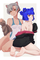 Rule 34 | 2girls, absurdres, animal ear fluff, animal ears, back, barefoot, black jacket, blue hair, blue one-piece swimsuit, blunt bangs, border, borrowed character, breasts, brown jacket, cleavage, collarbone, commentary, dark-skinned female, dark skin, dnaitari, ear piercing, english commentary, fang, feet, foot out of frame, from behind, grey background, grey hair, gris (vertigris), hand up, highleg, highleg swimsuit, highres, jacket, kara (vertigris), leaning to the side, legs, looking at viewer, looking back, medium breasts, medium hair, multiple girls, off shoulder, one-piece swimsuit, orange eyes, original, parted bangs, parted lips, piercing, red eyes, seiza, shadow, shiny skin, short hair, sidelocks, sitting, sleeves past fingers, sleeves past wrists, soles, swimsuit, thighs, toes, two-tone swimsuit, white border, white one-piece swimsuit