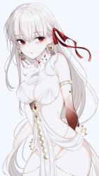 Rule 34 | 1girl, absurdres, armlet, arms behind back, belly chain, blush, body markings, bow, breasts, colored skin, durga (fate), earrings, facial mark, fate/grand order, fate (series), forehead mark, hair bow, highres, indian clothes, jewelry, large breasts, long hair, looking at viewer, mati5572, red eyes, red skin, revealing clothes, simple background, snake, solo, thumb ring, white background, white hair