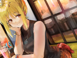 Rule 34 | 3girls, ahoge, alternate costume, alternate hairstyle, black tank top, blonde hair, blurry, blurry background, bocchi the rock!, bracelet, breasts, closed mouth, commentary request, cup, dutch angle, funi mu9, gotoh hitori, hair between eyes, head rest, highres, ijichi nijika, indoors, jewelry, kita ikuyo, long hair, looking at viewer, medium breasts, multiple girls, necklace, people, pink hair, ponytail, red eyes, red hair, shadow, sidelocks, sitting, solo focus, tank top