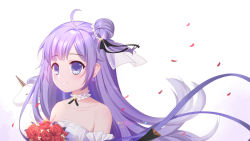 Rule 34 | 1girl, azur lane, bare shoulders, blunt bangs, bouquet, bow, collarbone, commentary request, detached sleeves, dress, flower, hair bow, hair bun, hair ribbon, highres, long hair, looking at viewer, one side up, petals, purple eyes, purple hair, red flower, red rose, ribbon, rose, side bun, sidelocks, simple background, single hair bun, single side bun, smile, solo, stuffed winged unicorn, unicorn (a dream of pure vows) (azur lane), unicorn (azur lane), wedding dress, white background, white dress, wind, xiao shi lullaby