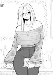 Rule 34 | 1girl, absurdres, bag, bangs pinned back, bare shoulders, bottle, breasts, curvy, folded hair, glasses, greyscale, hair pulled back, handbag, highres, inne sulistya robin, jewelry, large breasts, long hair, looking at viewer, monochrome, necklace, norman maggot, off shoulder, original, pants, shirt tucked in, solo, standing, wide sleeves