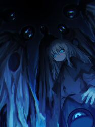 Rule 34 | blue eyes, buttons, closed mouth, diamond button, eyeball, from below, glowing, glowing eyes, green hair, hair between eyes, highres, hole in chest, hole on body, komeiji koishi, long hair, looking at viewer, looking down, messy hair, reverinth, solo focus, standing, third eye, touhou