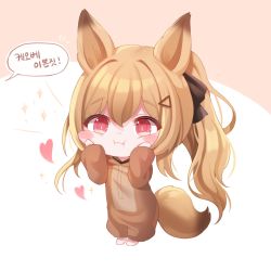 Rule 34 | 1girl, alternate hairstyle, animal ears, arknights, barefoot, black ribbon, blonde hair, blush stickers, bow, brown pajamas, ceobe (arknights), chibi, closed mouth, commentary request, dog ears, dog tail, fang, fang out, hair between eyes, hair bow, hair ornament, hair ribbon, hairclip, hands on own cheeks, hands on own face, heart, highres, honyang, korean text, long hair, long sleeves, notice lines, official alternate costume, orange background, pajamas, ponytail, red eyes, ribbon, smile, solo, speech bubble, squishing, star (symbol), tail, white background