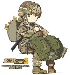 Rule 34 | 1girl, 82 airborne, american flag, backpack, bag, blonde hair, camouflage, copyright name, graphite (medium), green eyes, helmet, looking at viewer, military, military uniform, original, parachute, paratrooper, patch, simple background, sitting, smile, soldier, solo, tanto (tc1995), traditional media, uniform, united states army, white background