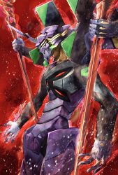 Rule 34 | armor, commentary request, dual wielding, eva 13, evangelion: 3.0 you can (not) redo, extra arms, extra eyes, glowing, glowing eyes, highres, holding, horns, ikuyoan, lance, lance of longinus (evangelion), mecha, neon genesis evangelion, no humans, partial commentary, polearm, rebuild of evangelion, robot, signature, single horn, solo, weapon, yellow eyes