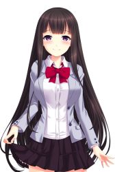 Rule 34 | 1girl, artist request, black skirt, blazer, blunt bangs, blush, bow, bowtie, brown hair, buttons, character request, cowboy shot, female focus, game cg, jacket, long hair, long sleeves, looking at viewer, purple eyes, school uniform, shirt, simple background, skirt, skirt hold, smile, solo, source request, standing, straight hair, very long hair, white background, white shirt