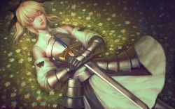 Rule 34 | 1girl, armor, armored dress, artoria pendragon (all), artoria pendragon (fate), black bow, bow, caliburn (fate), chromatic aberration, detached sleeves, closed eyes, fate/unlimited codes, fate (series), flower, gauntlets, grass, hair bow, lying, naomicococo, on back, saber lily, sleeping, solo, sword, weapon