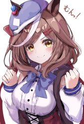 Rule 34 | 1girl, animal ears, blush, breasts, brown hair, cabbie hat, clenched hands, commentary, ei ei mun!, hat, horse ears, horse girl, looking at viewer, matikane tannhauser (umamusume), medium breasts, medium hair, portrait, sazamiso rx, simple background, solo, umamusume, white background, yellow eyes
