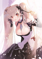 Rule 34 | 1girl, apple caramel, azur lane, bare shoulders, between breasts, black dress, blonde hair, blush, breasts, cleavage, dress, earrings, formidable (azur lane), frilled dress, frills, hair ornament, hair ribbon, hand up, highres, jewelry, large breasts, leaning forward, long hair, long sleeves, looking at viewer, open mouth, red eyes, ribbon, skindentation, solo, twintails