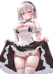 Rule 34 | 1girl, absurdres, azur lane, blush, breasts, choker, classic (zildjian33), cleavage, dress, frills, hair between eyes, hairband, highres, large breasts, lifting own clothes, looking at viewer, maid, panties, red eyes, short hair, short sleeves, simple background, sirius (azur lane), solo, thighhighs, thighs, underwear, white hair