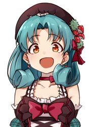 Rule 34 | 1girl, bare shoulders, blush, bow, bow choker, bowtie, breasts, brown dress, brown eyes, choker, collarbone, curly hair, dot nose, dress, food-themed hair ornament, green hair, hair bow, hair ornament, hair ribbon, hat, idolmaster, idolmaster million live!, idolmaster million live! theater days, kakaobataa, looking at viewer, medium breasts, mushroom earrings, mushroom hair ornament, open mouth, parted bangs, red bow, red bowtie, red choker, red ribbon, ribbon, short hair, simple background, sleeveless, sleeveless dress, smile, solo, tokugawa matsuri, upper body, white background