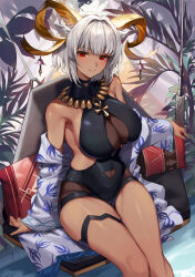 Rule 34 | 1girl, absurdres, animal ears, arknights, black one-piece swimsuit, breasts, carnelian (arknights), carnelian (shimmering dew) (arknights), casual one-piece swimsuit, clothing cutout, dark-skinned female, dark skin, goat ears, goat girl, goat horns, grey hair, hammock, highres, horn ornament, horns, jewelry, large breasts, looking at viewer, molyb, navel cutout, necklace, official alternate costume, one-piece swimsuit, red eyes, short hair, smile, solo, swimsuit, white hair