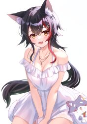 Rule 34 | 1girl, :3, :d, absurdres, animal ear fluff, animal ears, black hair, blush, breasts, cleavage, double-parted bangs, dress, gold necklace, hair ornament, hairpin, highres, hololive, jewelry, large breasts, long hair, looking at viewer, miofa (ookami mio), multicolored hair, necklace, ookami mio, open mouth, red hair, sidelocks, smile, streaked hair, togemaru34, very long hair, virtual youtuber, white background, white dress, wolf ears, wolf girl, yellow eyes