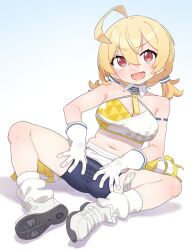 Rule 34 | 1girl, :d, ahoge, bare shoulders, blonde hair, blue archive, blue background, breasts, cleavage, clothes lift, collarbone, commentary request, gloves, gradient background, grey footwear, hair between eyes, highres, kotori (blue archive), kotori (cheer squad) (blue archive), looking at viewer, loose socks, low twintails, medium breasts, navel, open mouth, owasaki, red eyes, shadow, shoe soles, shoes, short twintails, skirt, skirt lift, smile, socks, solo, spread legs, twintails, v-shaped eyebrows, white background, white gloves, white skirt, white socks