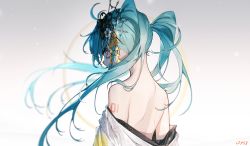 Rule 34 | 1girl, alternate eye color, aqua hair, artificial flower, artist name, back, bare shoulders, commentary request, gradient background, hair ornament, hatsune miku, highres, long hair, looking at viewer, looking back, nape, number tattoo, off shoulder, open clothes, qys3, red eyes, shoulder blades, shoulder tattoo, solo, tattoo, twintails, upper body, very long hair, vocaloid, white background