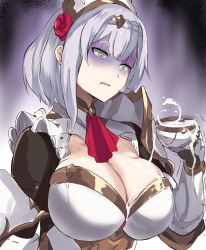 Rule 34 | 1girl, absurdres, armor, armored dress, bad id, bad pixiv id, braid, braided bangs, breasts, cafekun, cleavage, cup, disgust, dress, flower, frills, gauntlets, genshin impact, gloves, green eyes, highres, large breasts, noelle (genshin impact), open mouth, pauldrons, rose, shaded face, short hair, shoulder armor, silver hair, single pauldron, solo, spill, suggestive fluid, teacup, trembling, white dress
