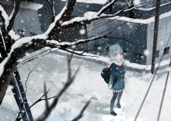 Rule 34 | 1girl, alternate costume, bag, bare tree, black pantyhose, blue eyes, blue hair, bou shaku, breath, cirno, coat, cold, contemporary, footprints, from above, gate, hair ribbon, highres, matching hair/eyes, pantyhose, ribbon, scarf, school bag, school uniform, shadow, sleeves past wrists, snow, snowing, solo, touhou, tree, utility pole, wall, winter