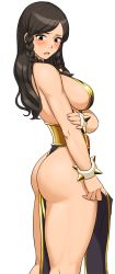 Rule 34 | 1girl, alternate hair length, alternate hairstyle, ass, backless dress, backless outfit, bare shoulders, black hair, blush, bracelet, braid, breasts, brown eyes, capcom, chun-li, cowboy shot, dress, embarrassed, from side, highres, jewelry, kneepits, large breasts, long hair, no bra, official alternate costume, parted lips, pelvic curtain, sash, shigenobu, side braids, sideboob, solo, spiked bracelet, spikes, standing, street fighter, street fighter v, sweatdrop, swept bangs, thick thighs, thighs, twin braids, wedgie, white background