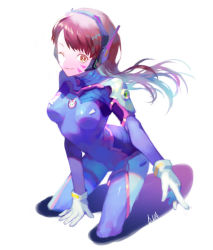 Rule 34 | 1girl, blue bodysuit, bodysuit, bright pupils, brown hair, commentary request, d.va (overwatch), facial mark, floating hair, gloves, headphones, long hair, looking at viewer, one eye closed, orange eyes, overwatch, overwatch 1, parted lips, signature, smile, solo, white gloves, yamakawa