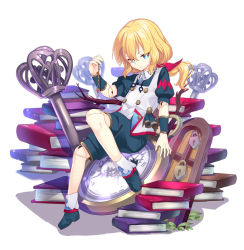 Rule 34 | 1girl, argyle, bad id, bad pixiv id, blonde hair, blue eyes, book, book stack, buttons, chain, clock hands, closed mouth, doll joints, expressionless, eyes visible through hair, full body, grass, hair between eyes, hair ribbon, hand up, holding, joints, key, knee up, leaning back, light particles, lock, long hair, looking at viewer, low ponytail, nyori, original, oversized object, padlock, plant, pocket watch, puffy short sleeves, puffy sleeves, red ribbon, ribbon, roman numeral, shoes, short sleeves, simple background, sitting, solo, watch, white background, wristband