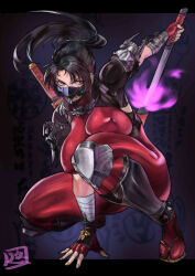 Rule 34 | 1girl, absurdres, aura, black hair, bodysuit, breasts, brown eyes, colored fire, energy, fingerless gloves, fire, gloves, glowing, highres, impossible bodysuit, impossible clothes, juaag acgy, large breasts, long hair, mask, mouth mask, ninja, ninjatou, ponytail, purple fire, red bodysuit, sheath, sheathed, shin guards, short sword, shoulder guard, solo, soul calibur, sword, tabi, taki (soulcalibur), weapon, weapon on back