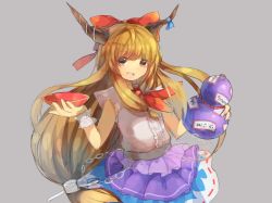 Rule 34 | 1girl, belt, bow, chain, cup, gourd, grey background, hair bow, horn ornament, horn ribbon, horns, ibuki suika, long hair, looking at viewer, low-tied long hair, open mouth, orange hair, ribbon, sakazuki, sidelocks, simple background, sketch, snow (snow1993), solo, touhou, very long hair, wrist cuffs, yellow eyes