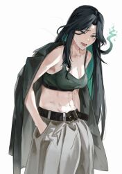 Rule 34 | 1girl, abs, absurdres, algorhythm project, black hair, black jacket, breasts, cigarette, crop top, evalia (algorhythm project), green hair, grey pants, highres, jacket, kamiro (kamin r0), long hair, medium breasts, midriff, mouth hold, pants, solo, stomach, virtual youtuber