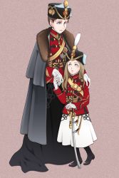Rule 34 | 2girls, black footwear, blonde hair, blue eyes, boots, brown hair, cloak, collared jacket, commentary request, fur trim, gloves, hair up, hand on shoulder, hand on sword, hat, highres, historical, holding hands, hussar, jacket, long hair, medal, military, military uniform, mother and daughter, multiple girls, plume, real life, red jacket, romania, saber (weapon), shako cap, sheath, sheathed, sword, toge inu, uniform, weapon, white gloves, world war i